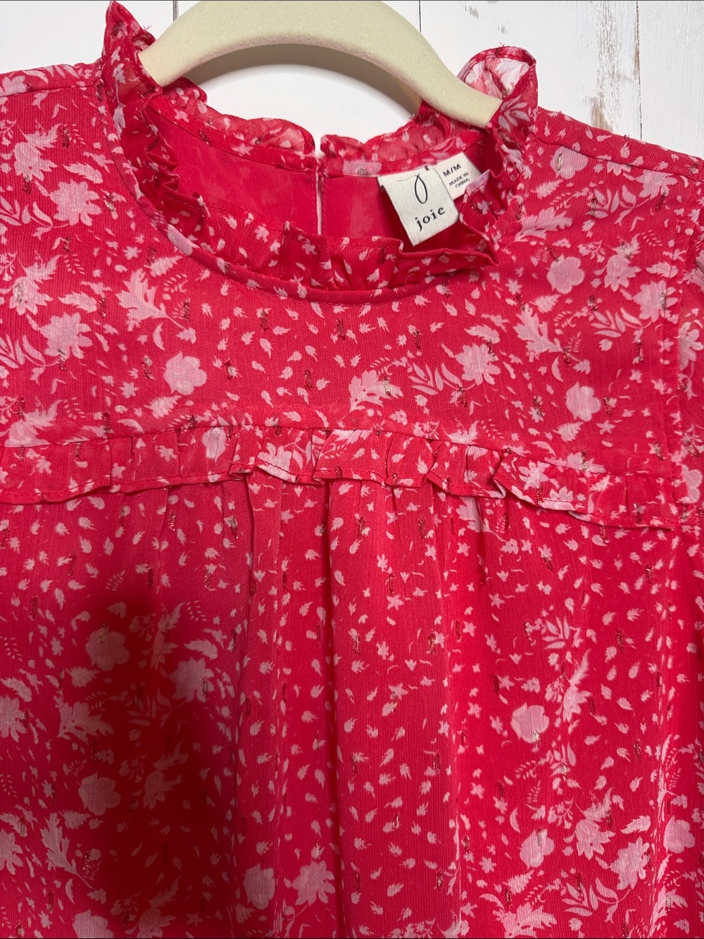 Joie Red-Pink Floral Ruffle Neck Blouse - Picture 3 of 11